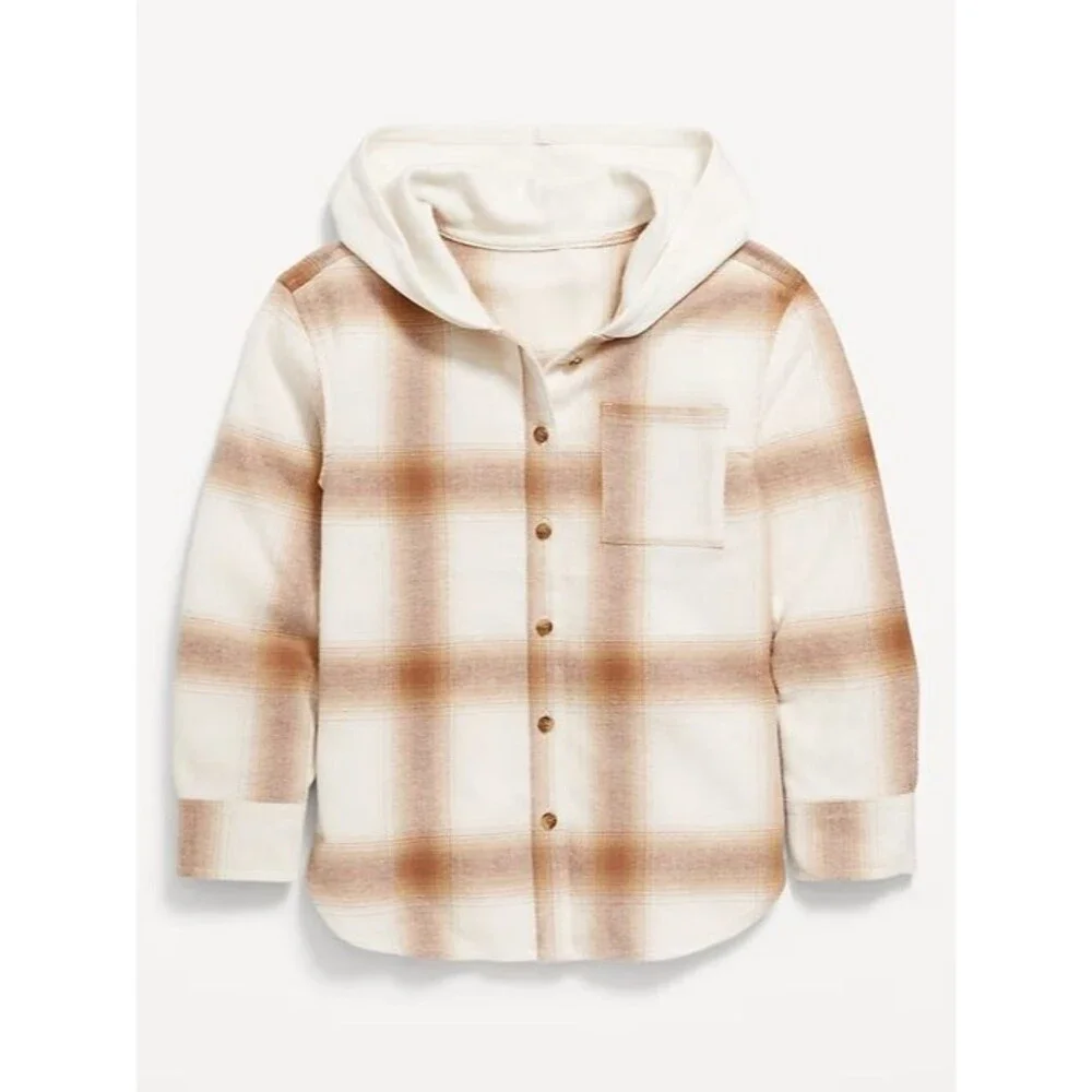Old Navy Girls XL Hooded Flannel Shirt Cream Tan Plaid Button Front Long Sleeve